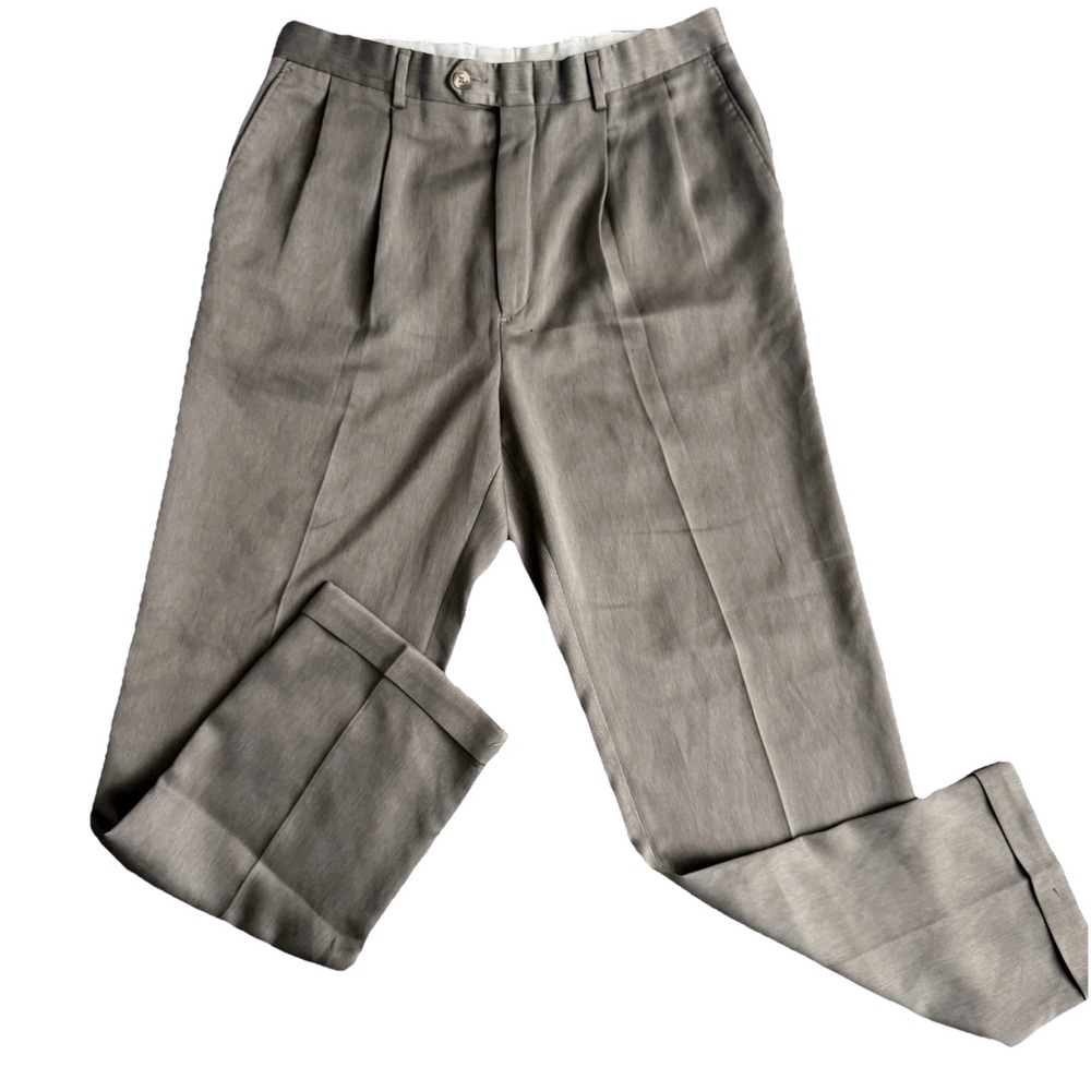 Bill Blass Men's Beige Pleated Dress Pants Cuffed Microfiber Size 34x32 READ!